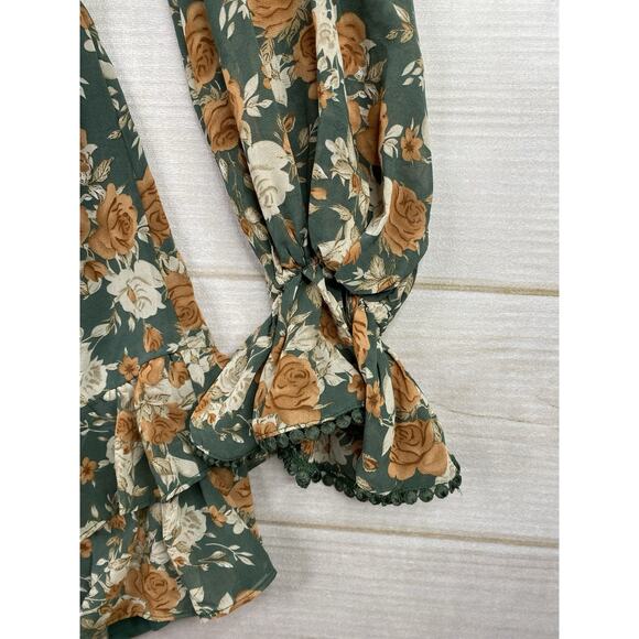 Saints + Secrets Dress M Green Floral Deep V Mini Long Slv Open Lace Up Ruffle - Picture 3 of 11
